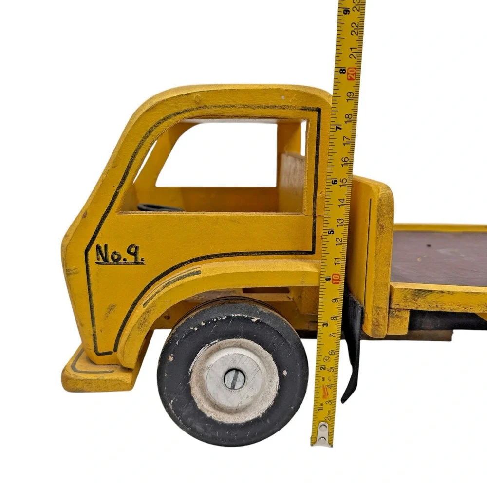 Vintage 1950s Handmade Wooden Ford No.9 Flatbed Toy Truck Yellow Missing Wheel